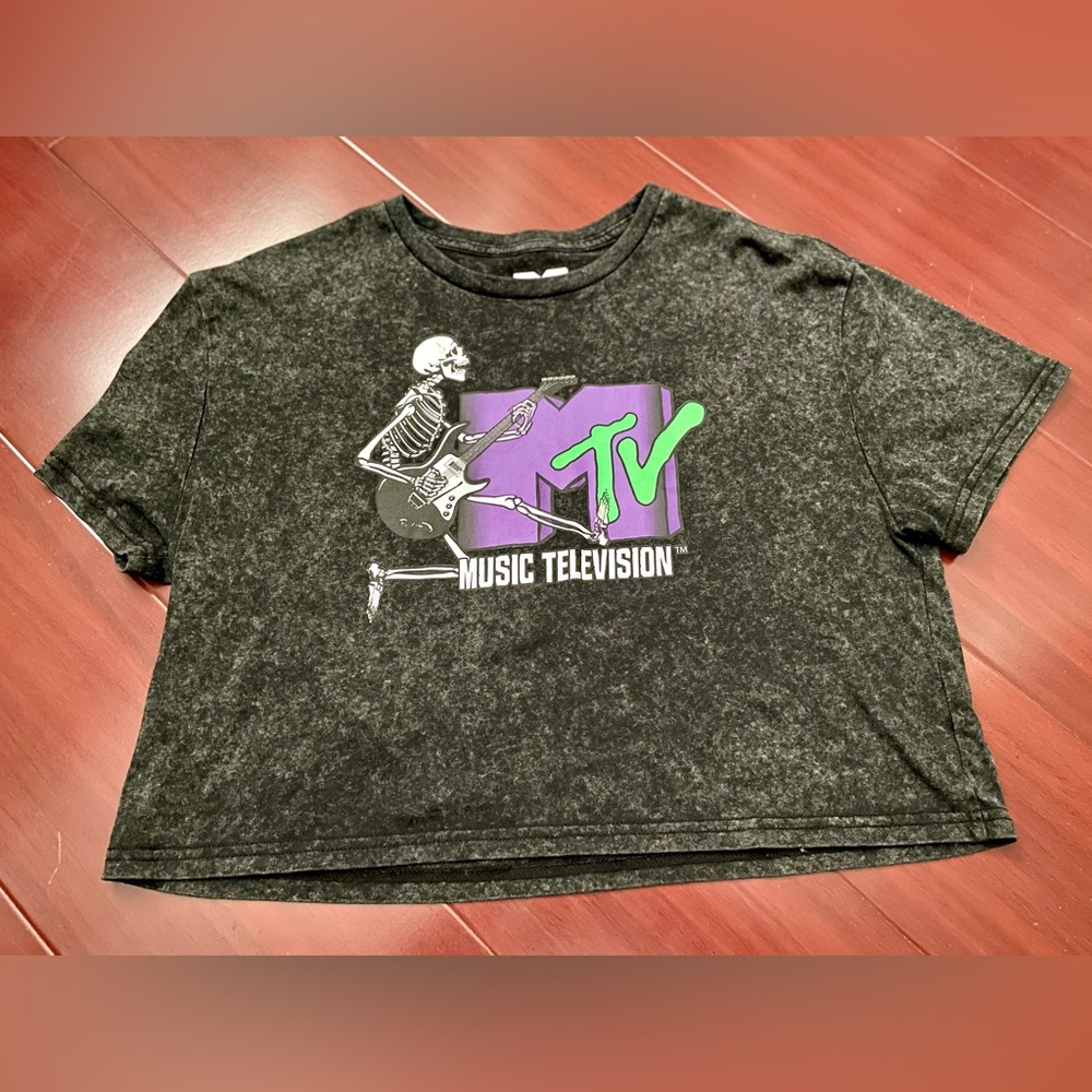 MTV Black Crop Tee with Purple and Green Skeleton Design